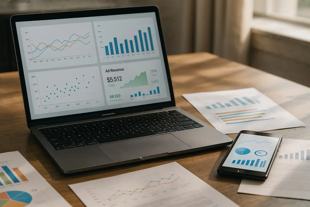 case study: ad network earnings breakdown office desk with analytics reports