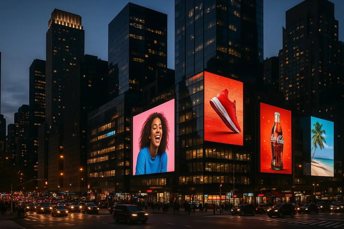 case study: ad network earnings breakdown illuminated city with digital billboards