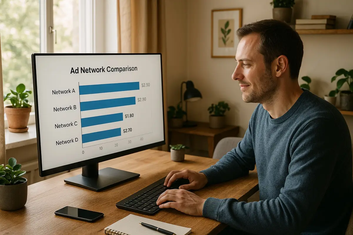 Website owner comparing CPM rates of adsense alternatives that pay more in a home office