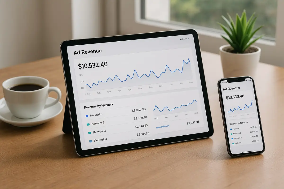 Desk with tablet and smartphone displaying ad revenue dashboards for adsense alternatives that pay more