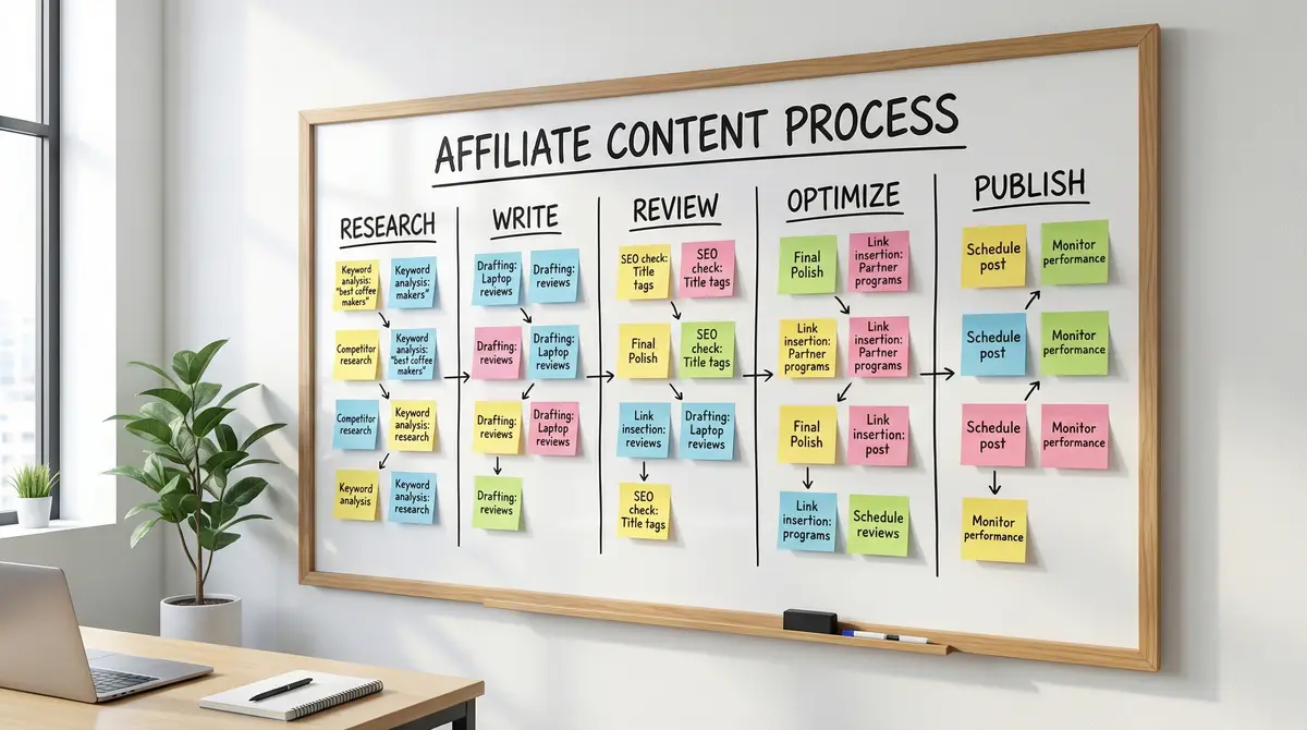 affiliate content workflow board research write optimize publish