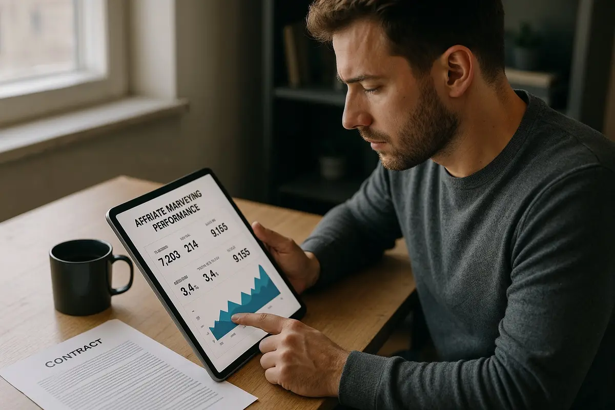 affiliate marketing vs display ads digital marketer reviewing affiliate marketing reports in a modern workspace