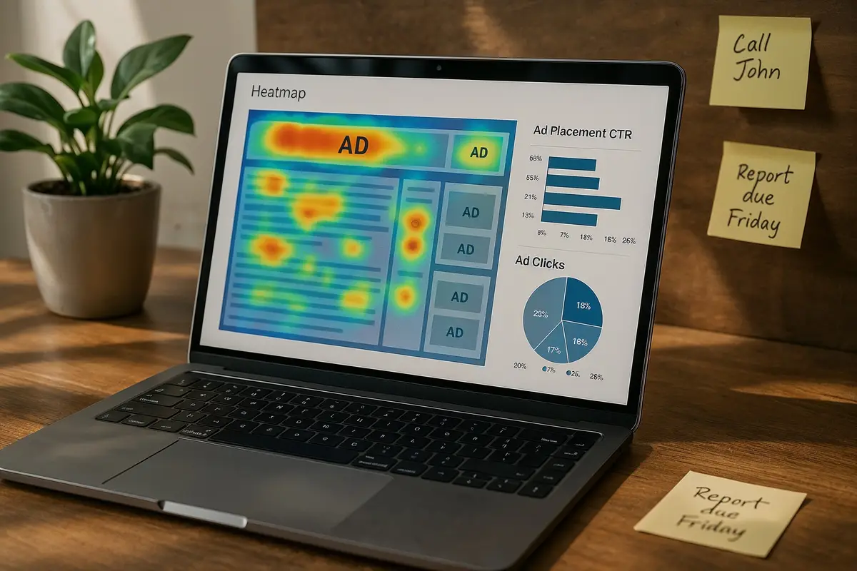 affiliate marketing vs display ads laptop showing ad analytics and heatmap with workspace elements