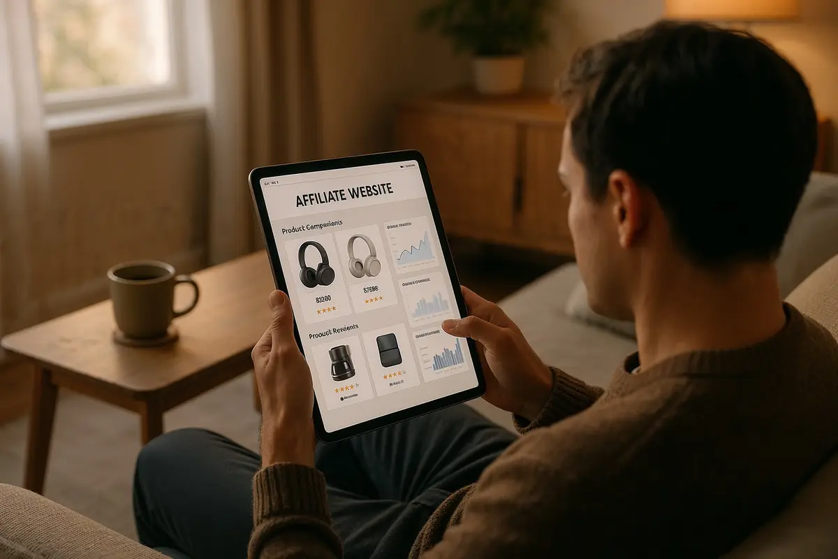 affiliate website case study 2025 person browsing affiliate site on tablet in living room