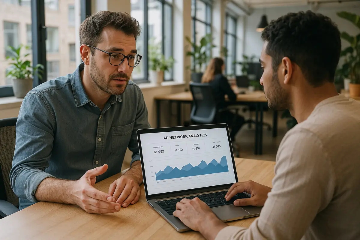 small publishers discussing analytics and ad network performance in a modern workspace