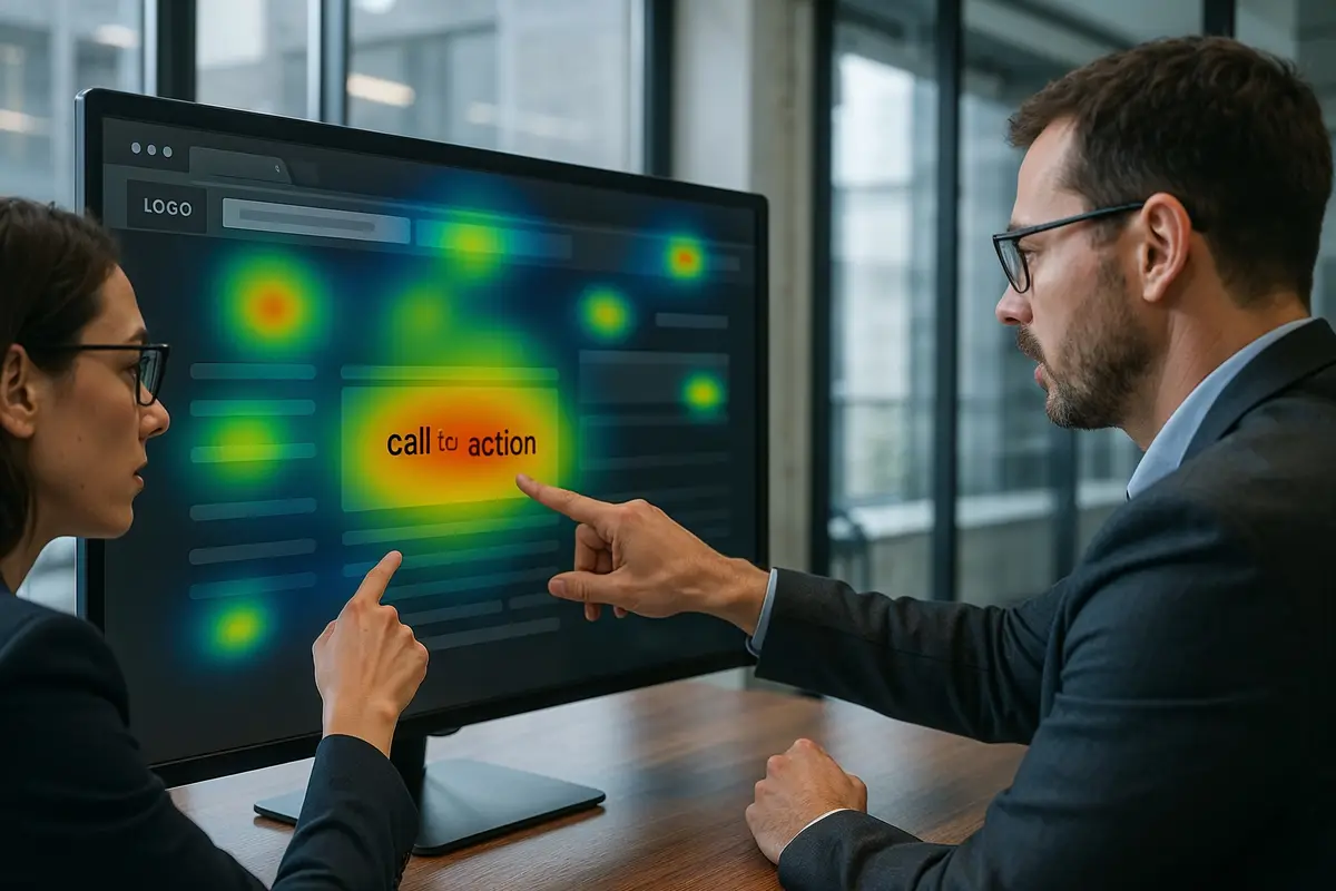 Heatmap analysis of best call to action placements on websites displayed in a modern office