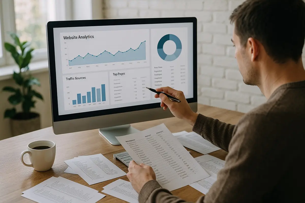 Person analyzing SEO and keyword data at a modern workspace for best free traffic sources for new websites