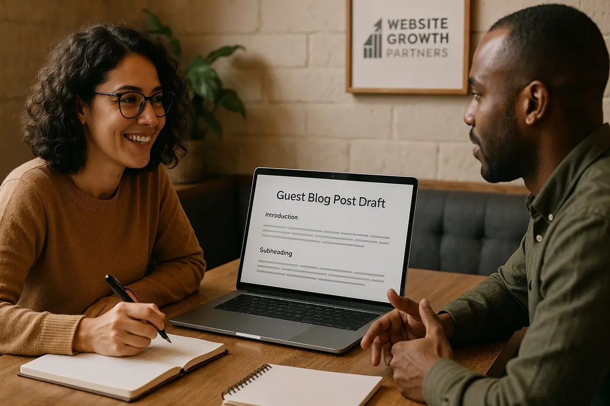 Two professionals collaborating on guest blogging strategies as best free traffic sources for new websites