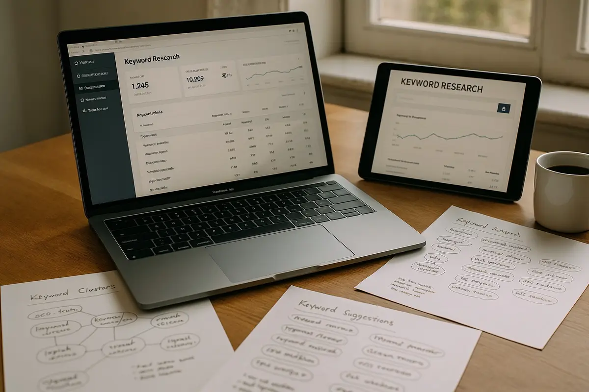 best keyword tools for niche websites workspace with digital devices and notes
