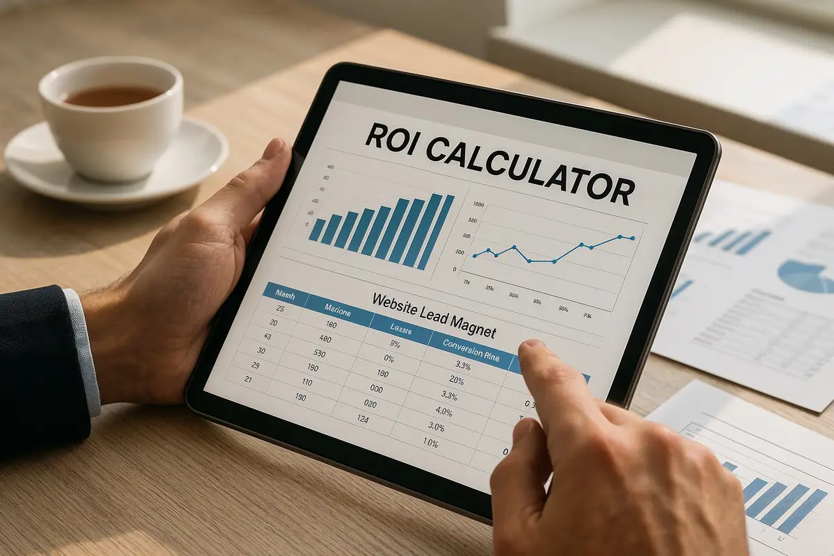 best lead magnets for website owners analyzing ROI calculator results on tablet