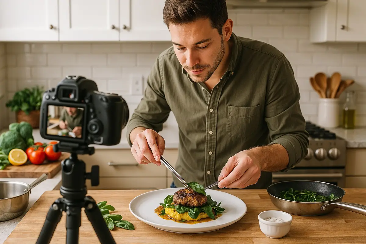 Micro influencer in the food niche preparing content for best niches for micro influencers, plating a meal in a modern kitchen