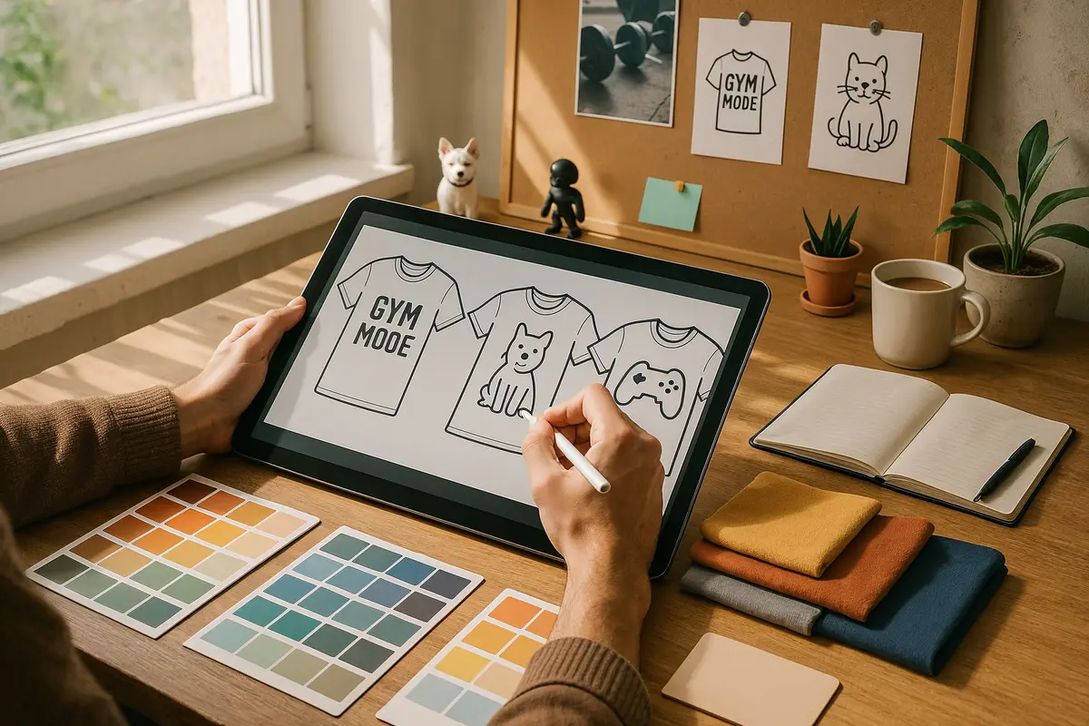 Designer workspace with tools and sketches for best niches for print on demand t shirts