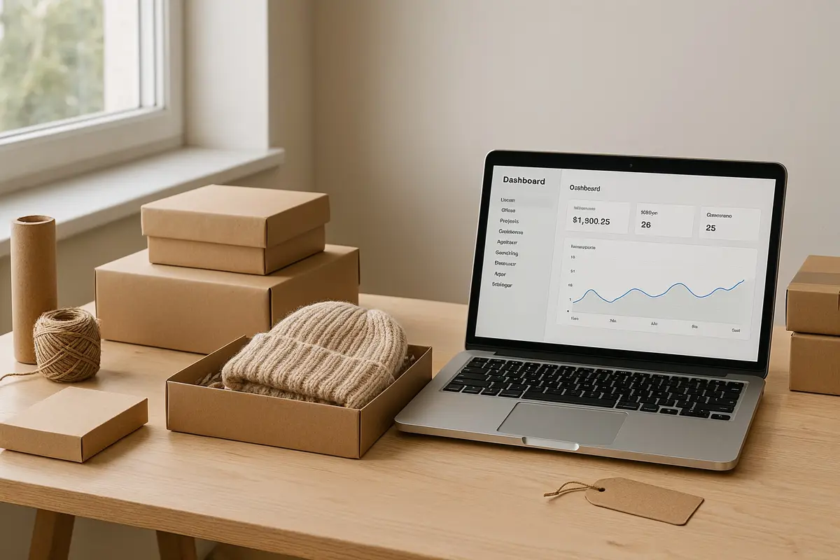 best online business ideas   workspace with ecommerce products and packaging