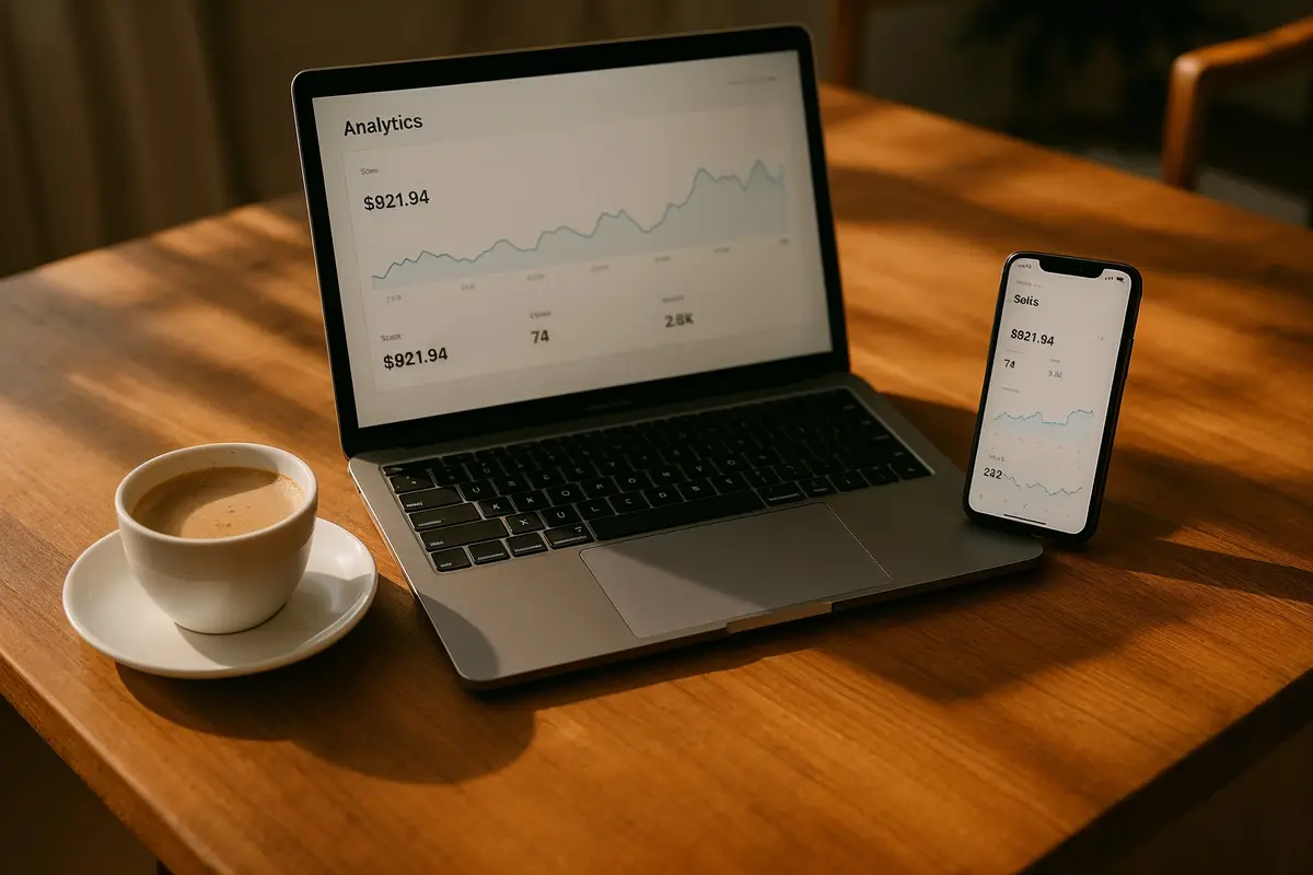 Workspace with laptop and sales analytics representing best online business models