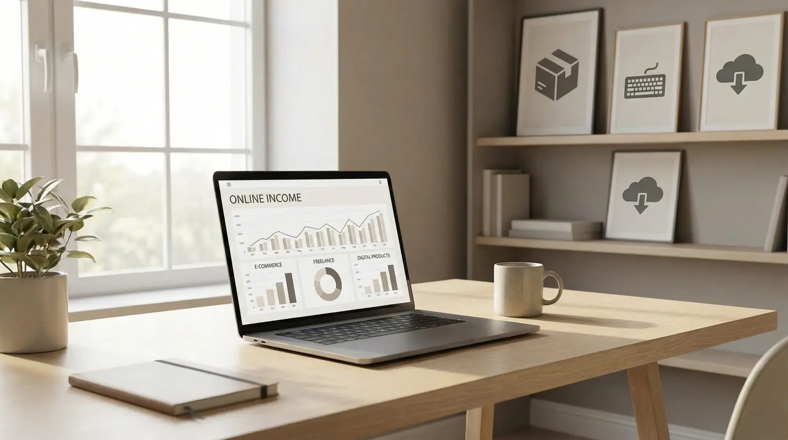 modern workspace with online income dashboard