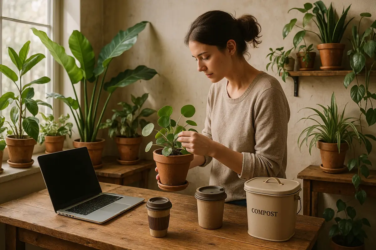 work from home ideas eco friendly workspace with person caring for plants