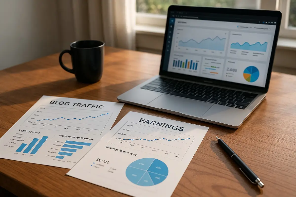 Modern workspace with printed blog traffic and earnings report templates alongside a laptop displaying analytics dashboard