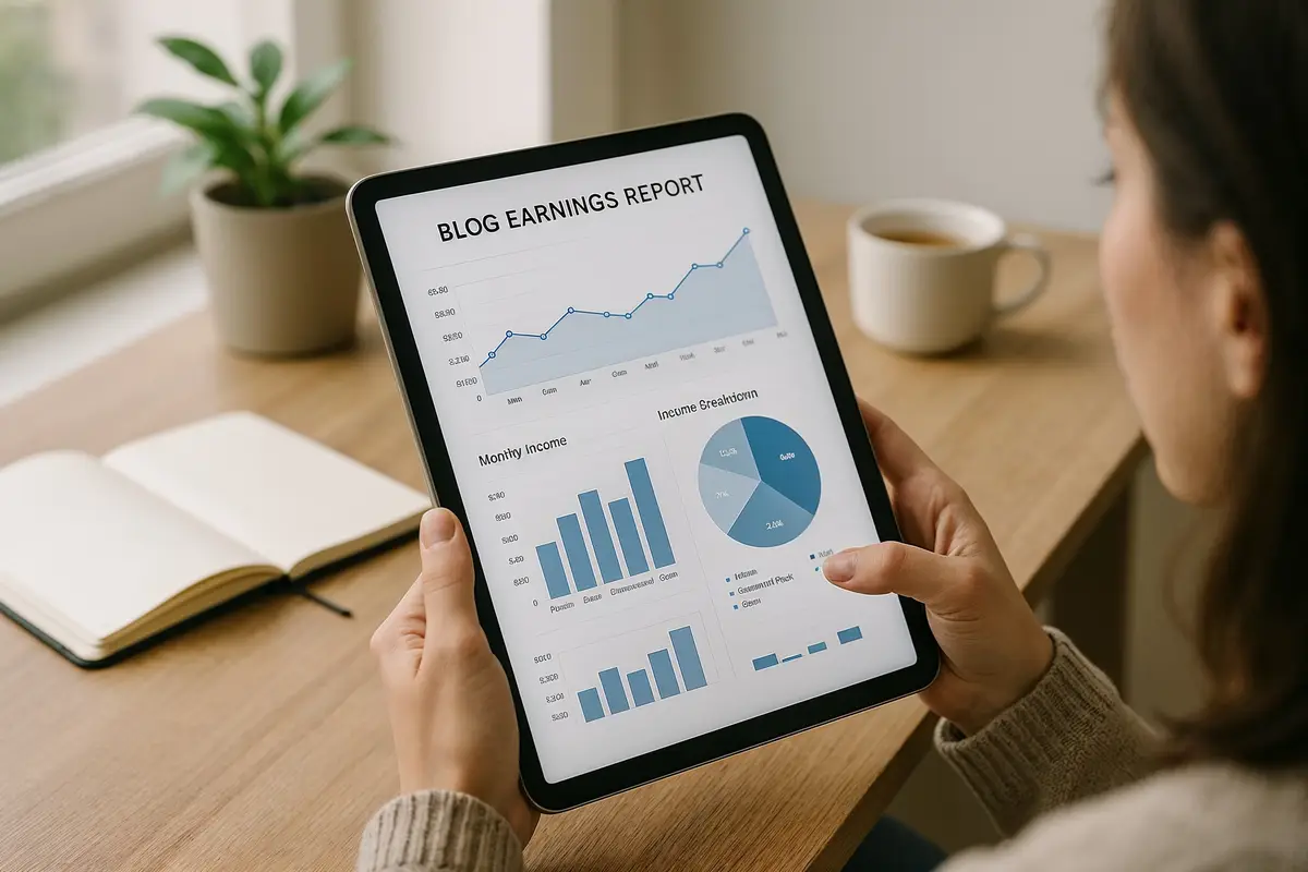 Person analyzing blog traffic and earnings report templates on a tablet in a home office