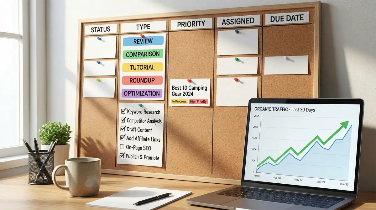 affiliate content strategy workflow checklist board