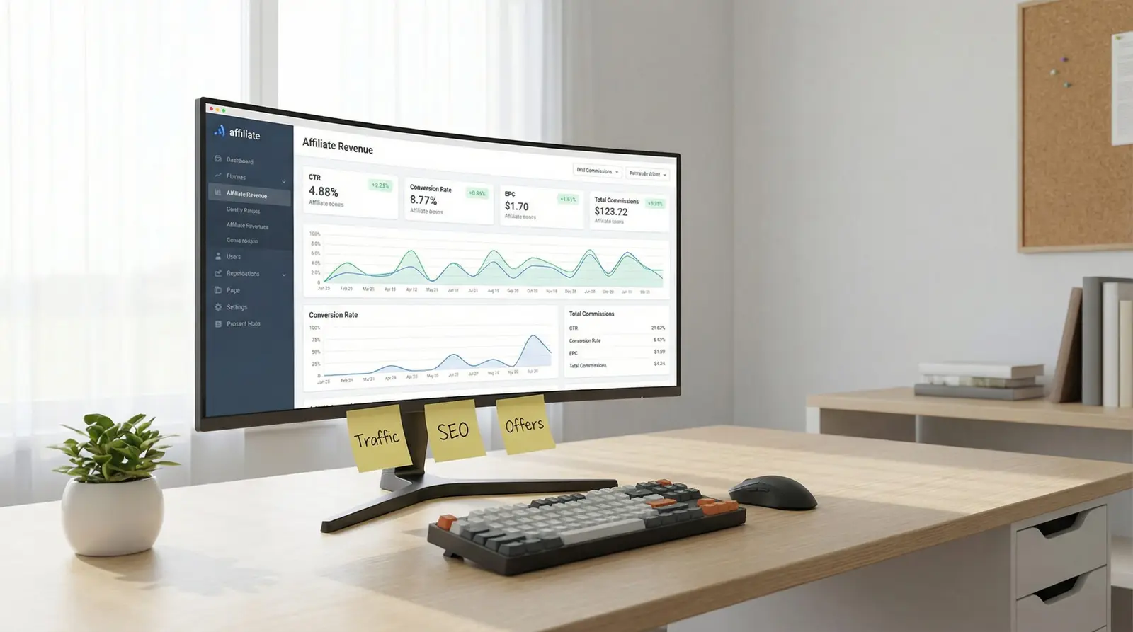 affiliate marketing money site dashboard with earnings and traffic metrics