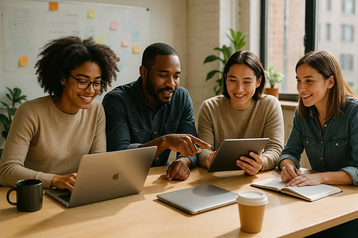 Team collaborating to build a successful online startup in a modern office