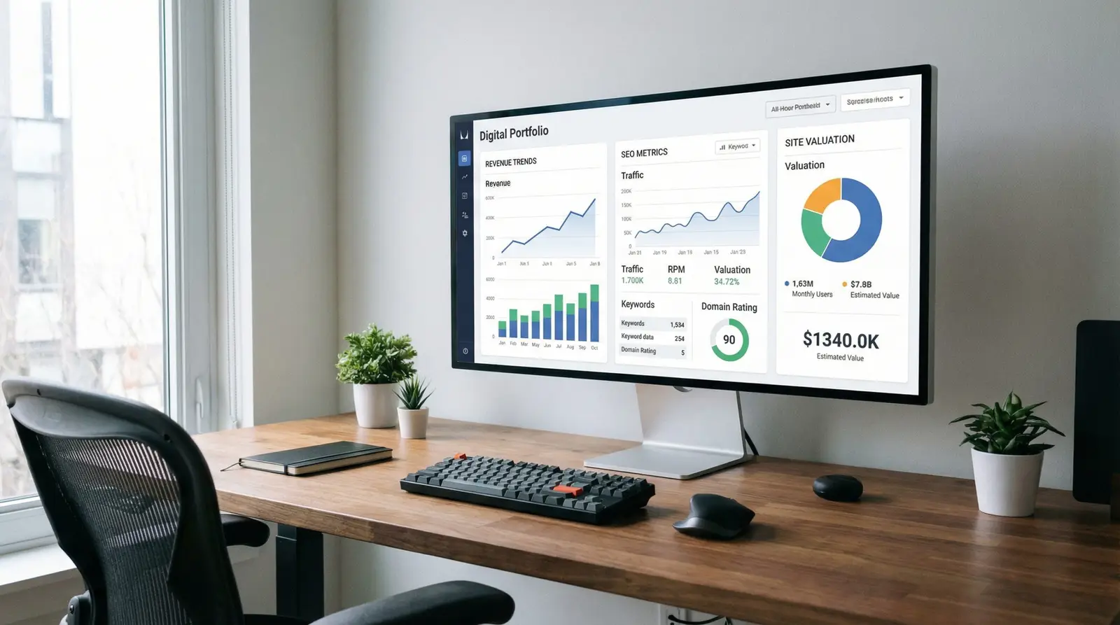 digital portfolio dashboard with revenue and seo metrics