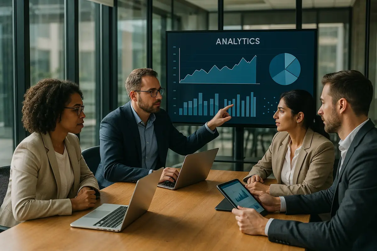 diverse business team collaborating and reviewing analytics while building a successful digital business