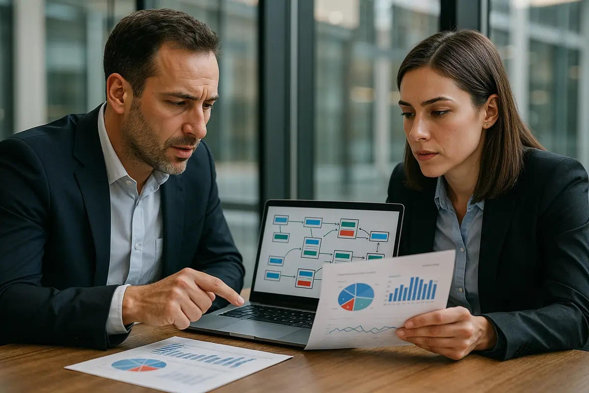 buying traffic for ad arbitrage explained   two professionals discussing analytics in a modern office