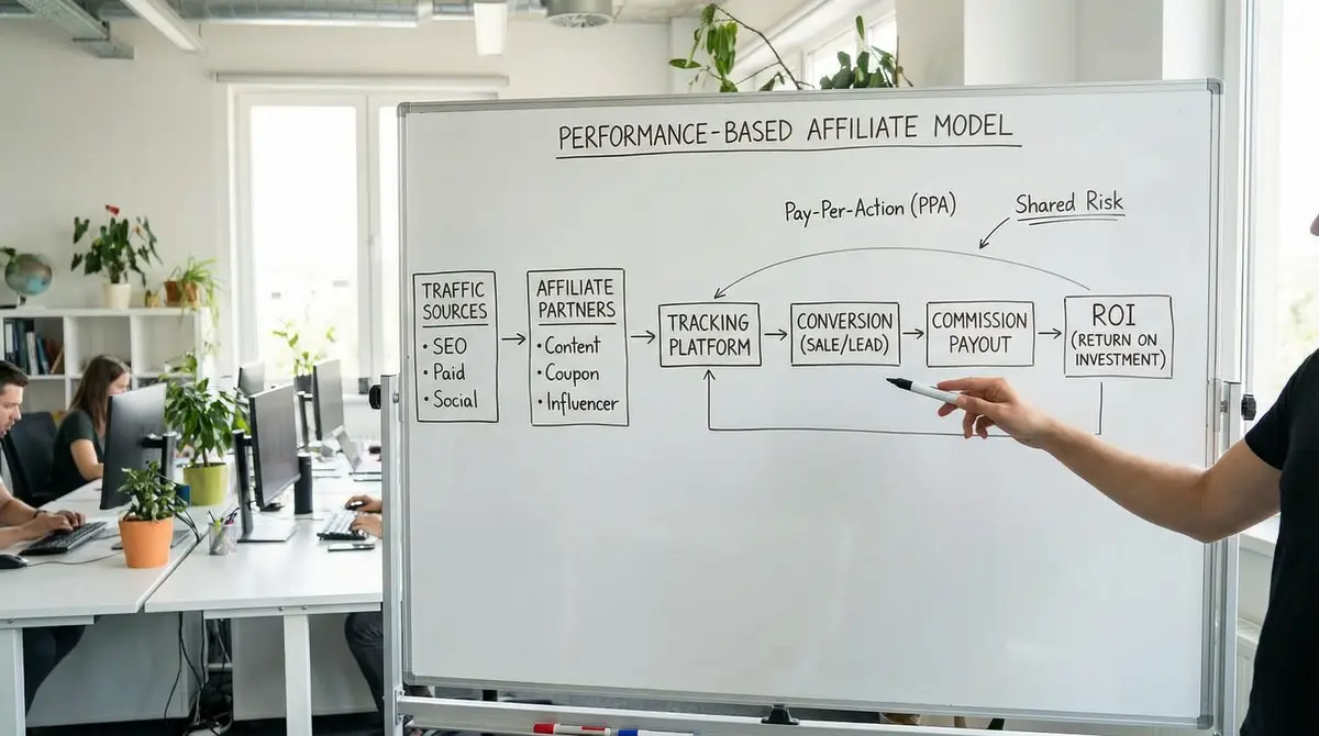 performance based affiliate model diagram with roi labels