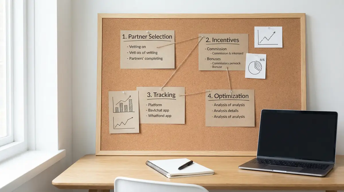 affiliate program workflow board with key steps