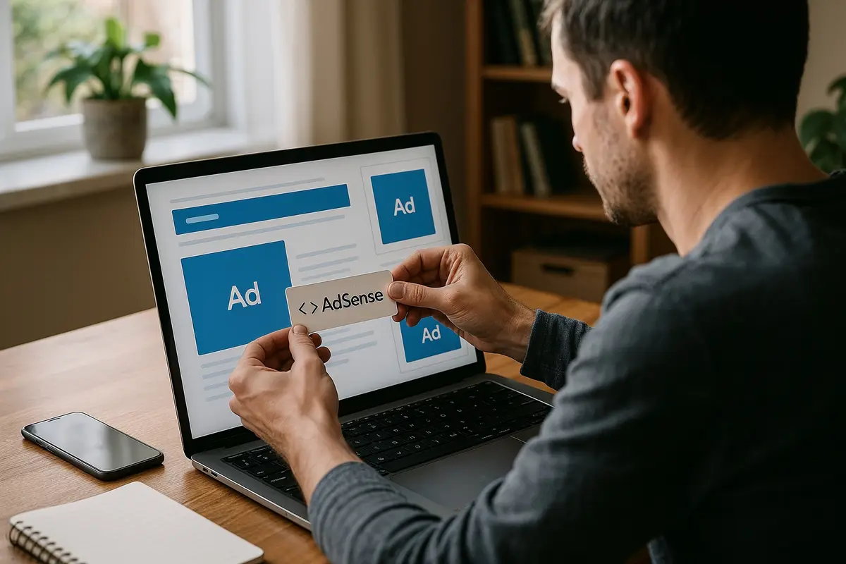 case study: blog monetized with adsense   person integrating AdSense code on laptop in home office setting