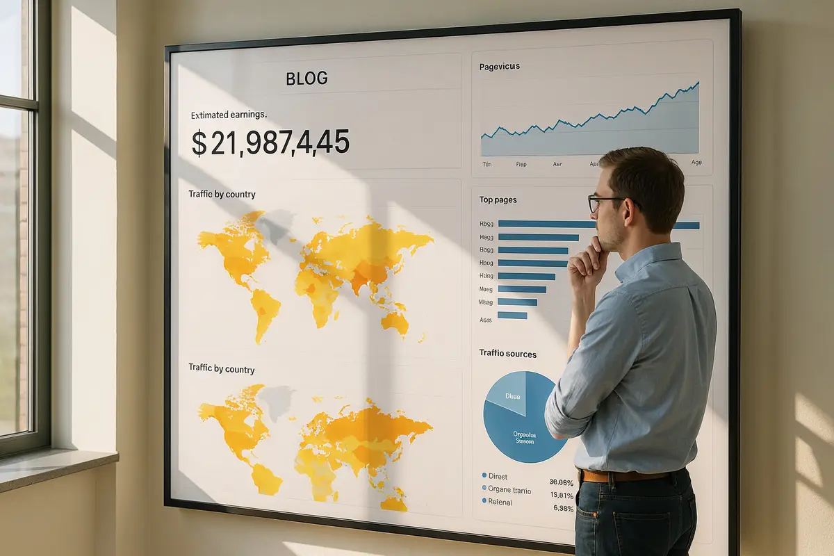 case study: blog monetized with adsense   person analyzing global traffic and revenue analytics on large display