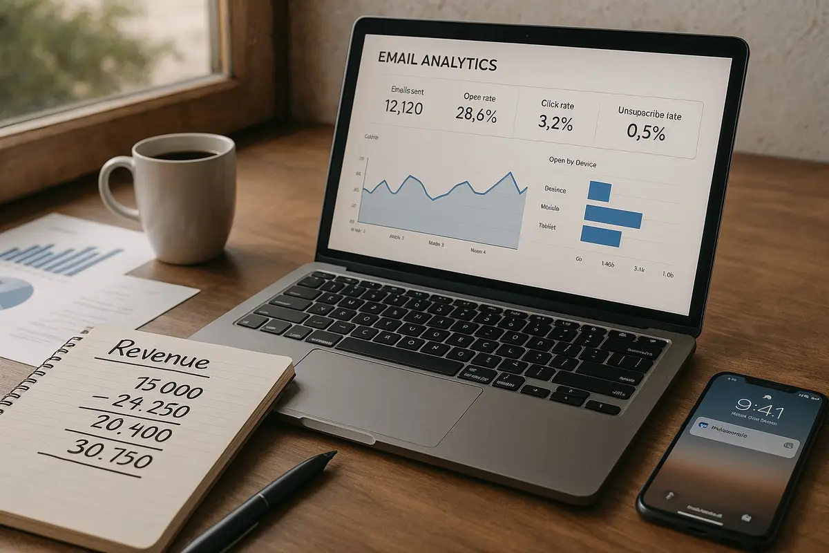 case study: email revenue breakdown for bloggers   email analytics dashboard and revenue notes on a professional workspace