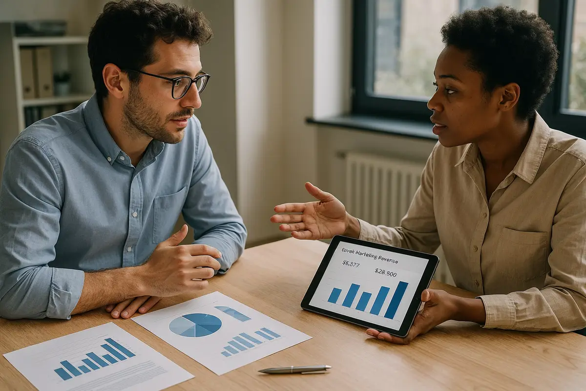 case study: email revenue breakdown for bloggers   collaborative revenue analysis meeting with printed charts and digital devices