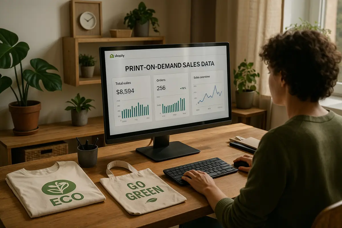 case study: scaling a shopify pod store   entrepreneur analyzing sales data in eco conscious workspace