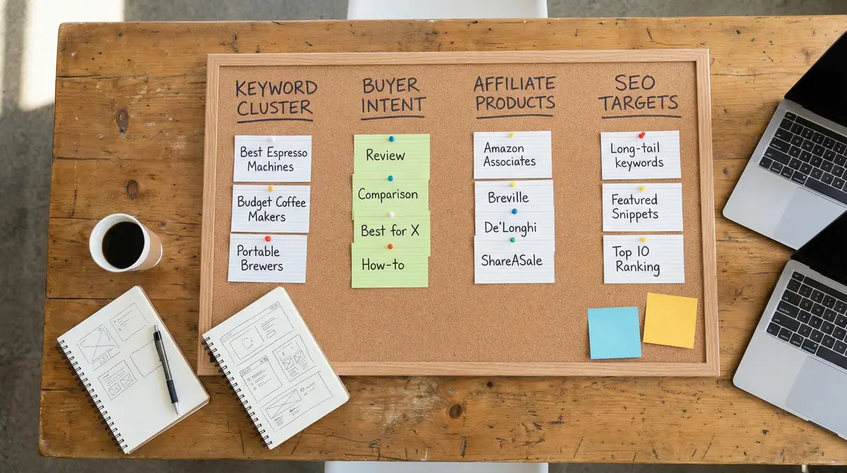 affiliate content strategy keyword cluster and seo planning board