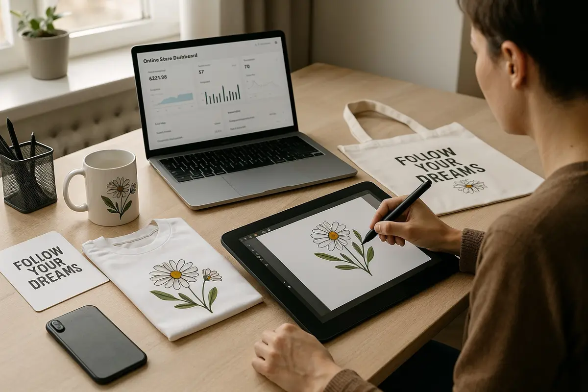 Person designing print on demand products at a modern workspace, representing creating online income streams