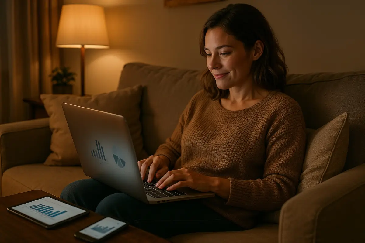 Woman reviewing online sales reports in a comfortable home environment, reflecting on creating online income streams