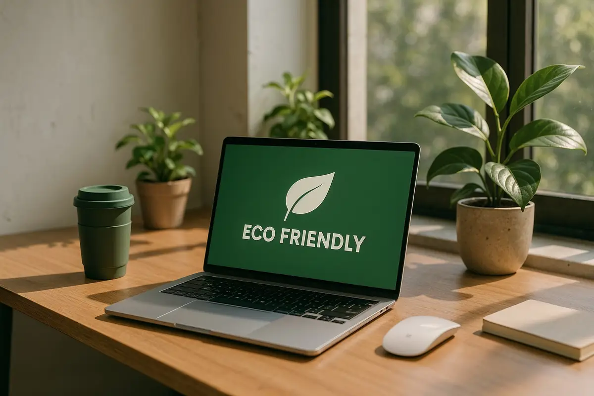 Sustainable digital entrepreneurship workspace with eco friendly technology