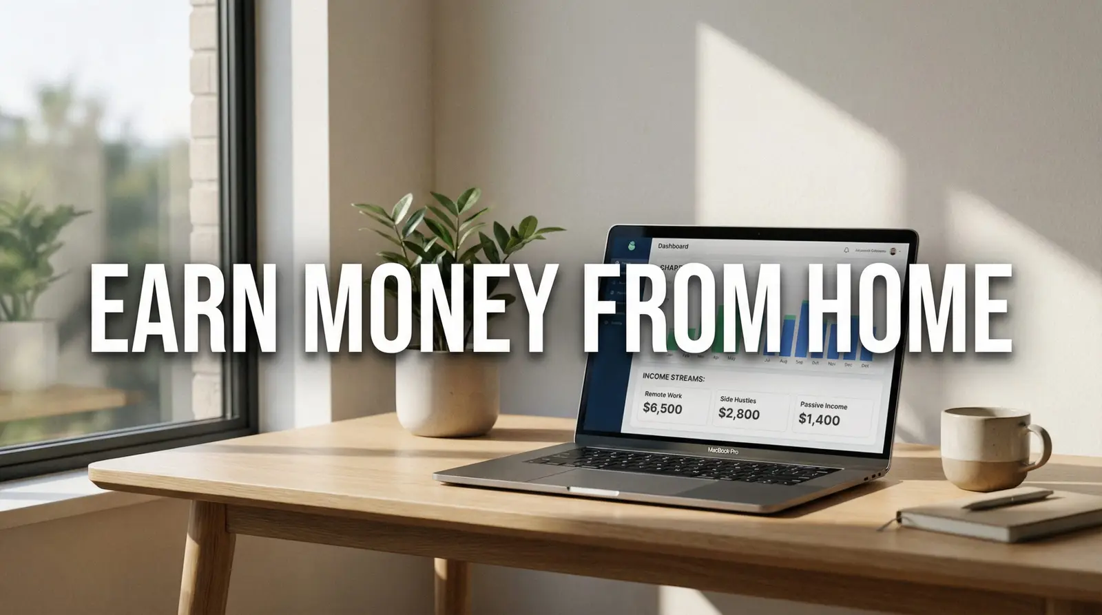 modern home office dashboard showing remote work side hustles passive income