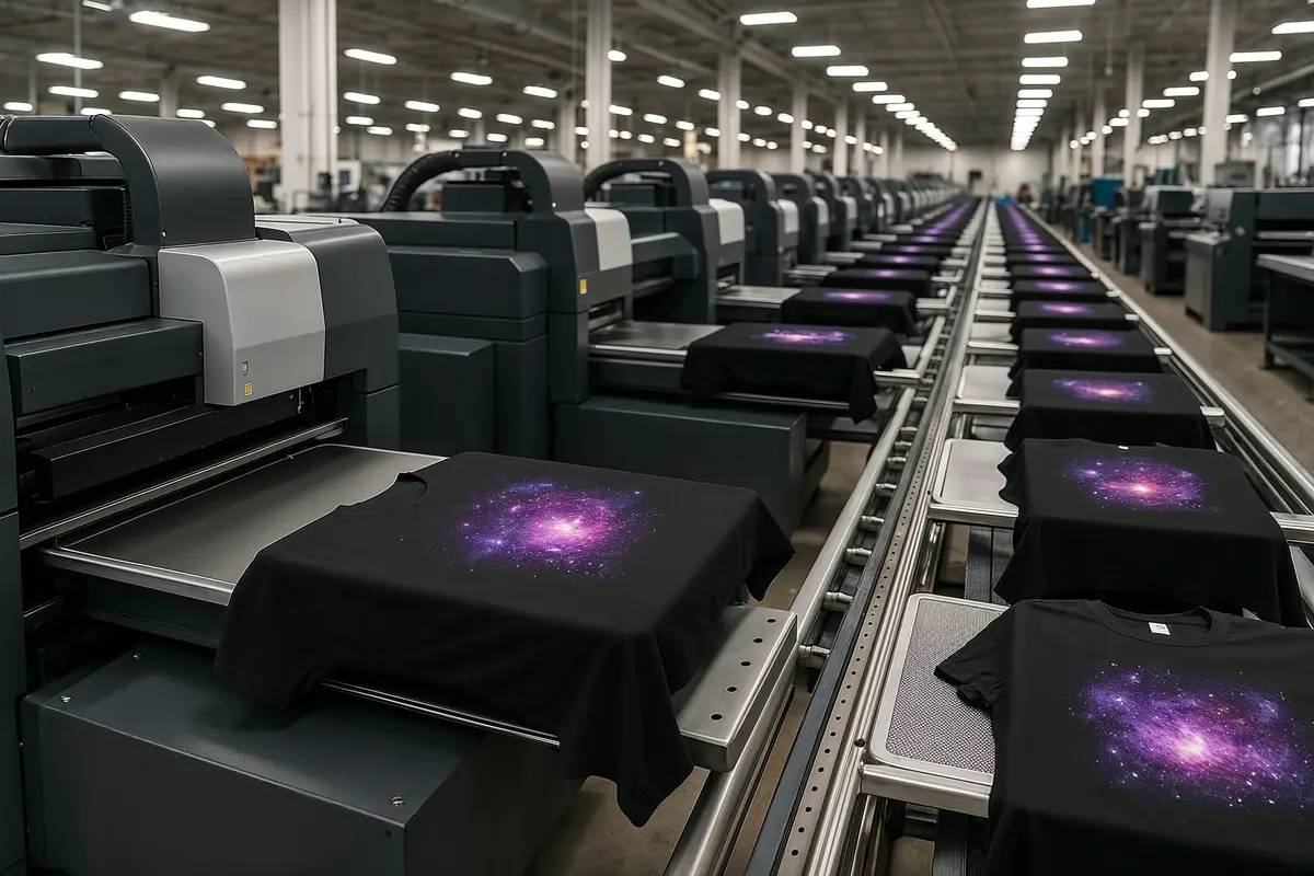 ecommerce case study dtg growth automated DTG print shop with conveyor and printed garments