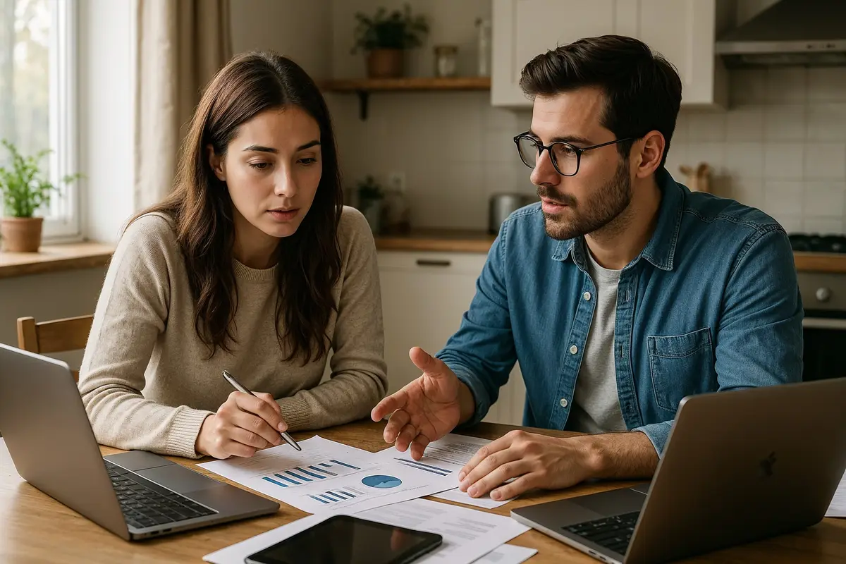 Two entrepreneurs collaborating at home on online business startup tips