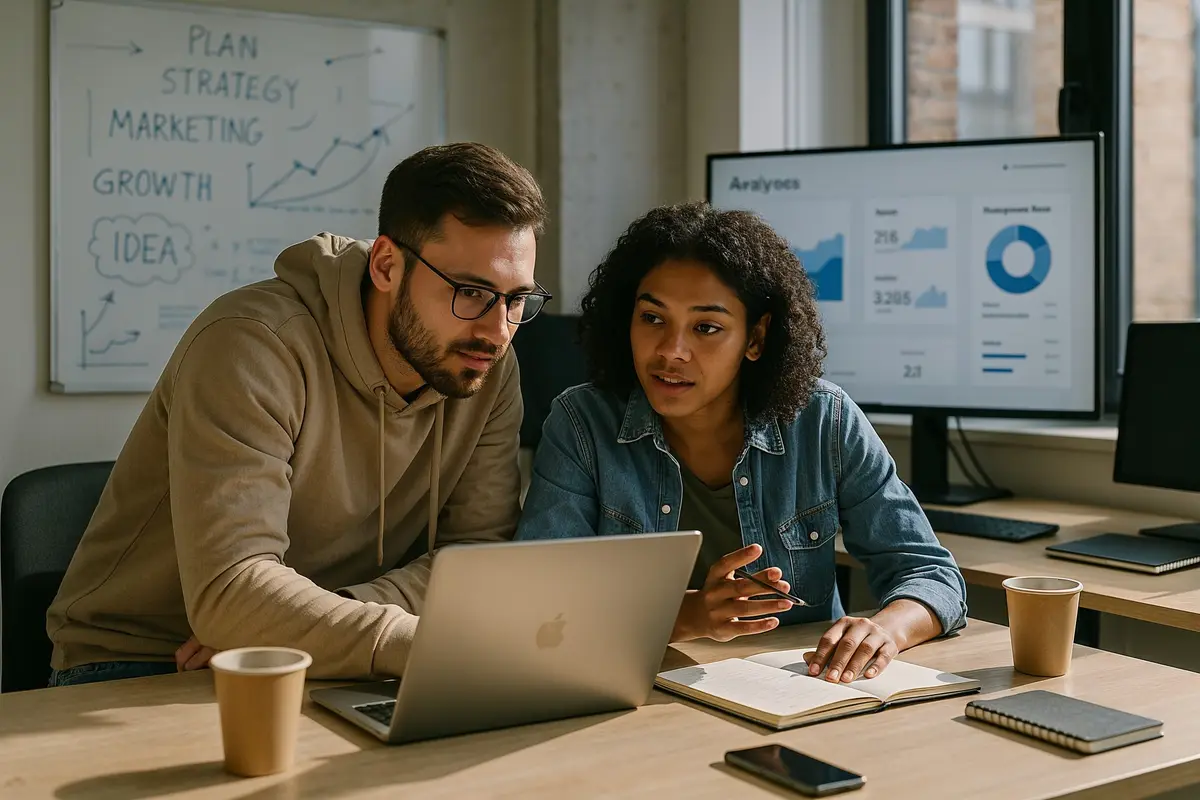 Two entrepreneurs discussing advanced online entrepreneurship tips in a modern office setting
