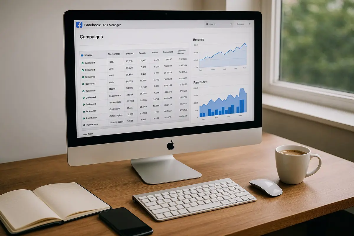 facebook ads for website monetization workspace with ad manager and revenue charts