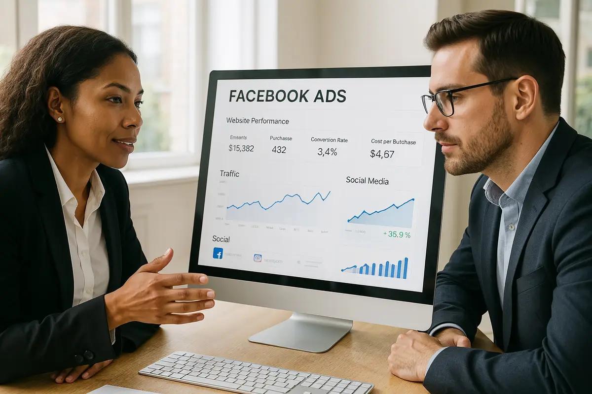 facebook ads for website monetization business team analyzing ad analytics