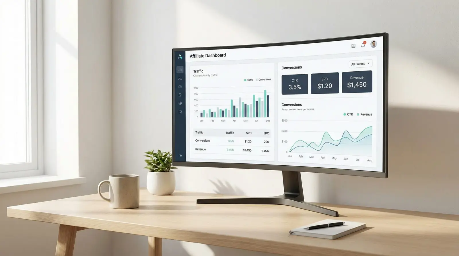 affiliate marketing dashboard with traffic and revenue metrics