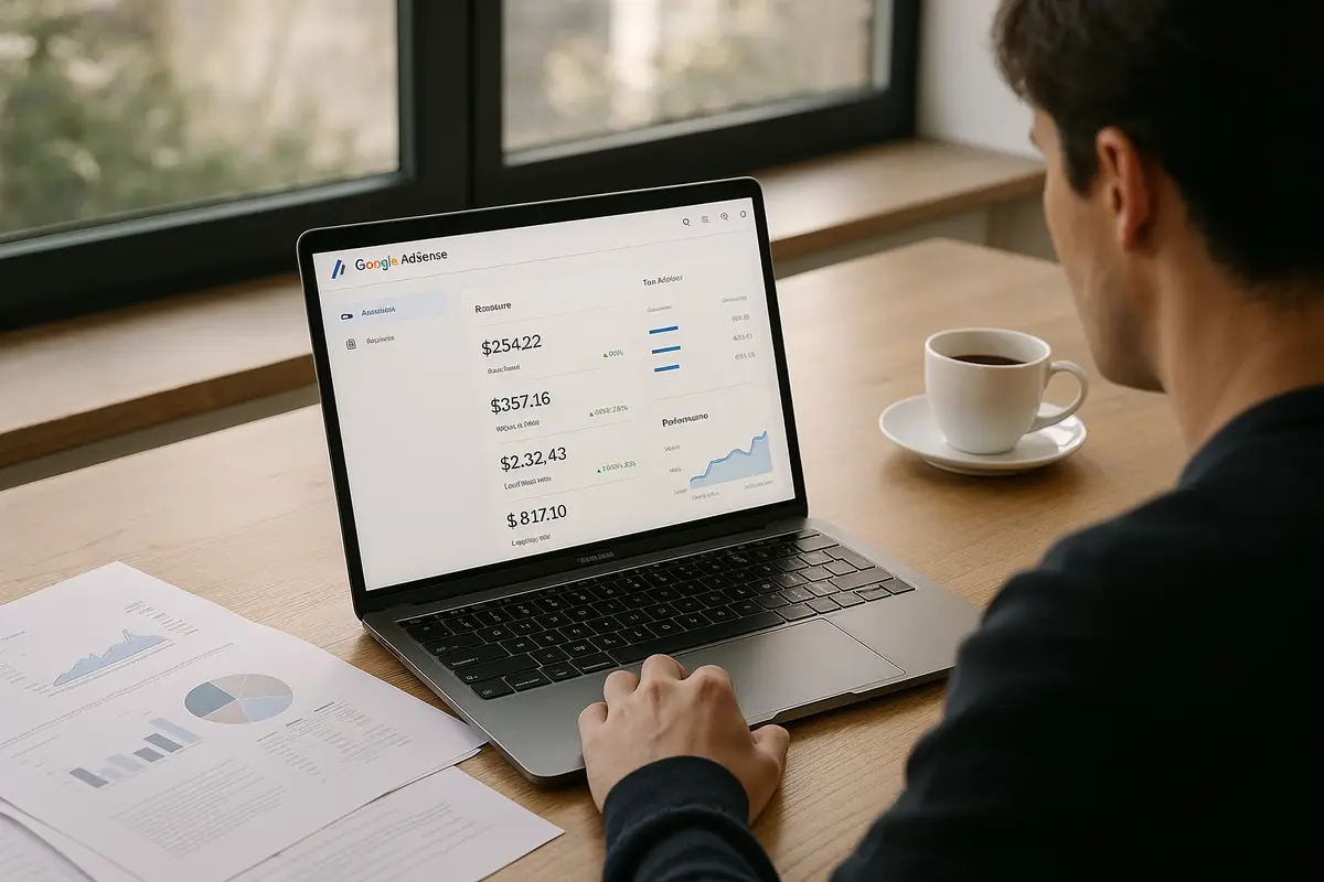 Hyper realistic workspace featuring a laptop with the Google AdSense dashboard, symbolizing the google adsense approval process step by step.