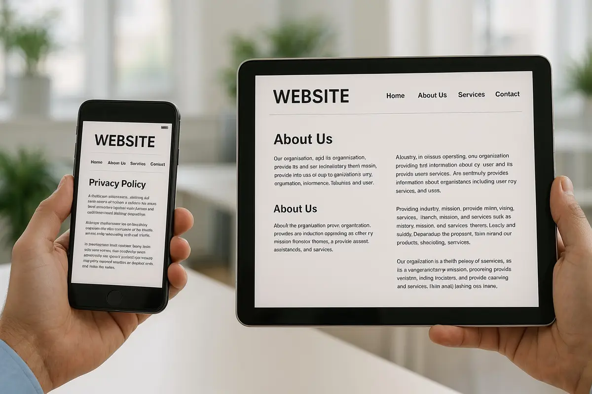Realistic image of mobile and tablet screens showing a compliant website illustrating the google adsense approval process step by step.