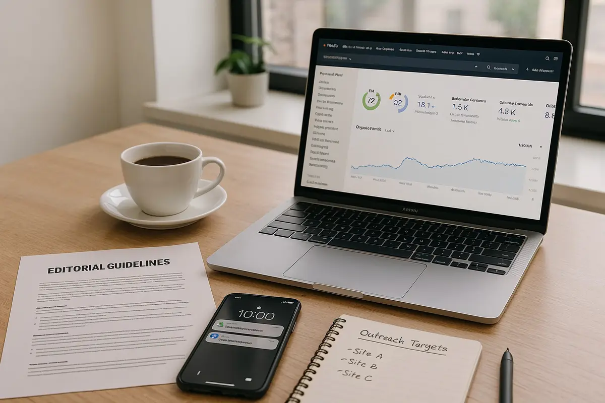 workspace with analytics and editorial guidelines for guest posting for backlinks in 2025