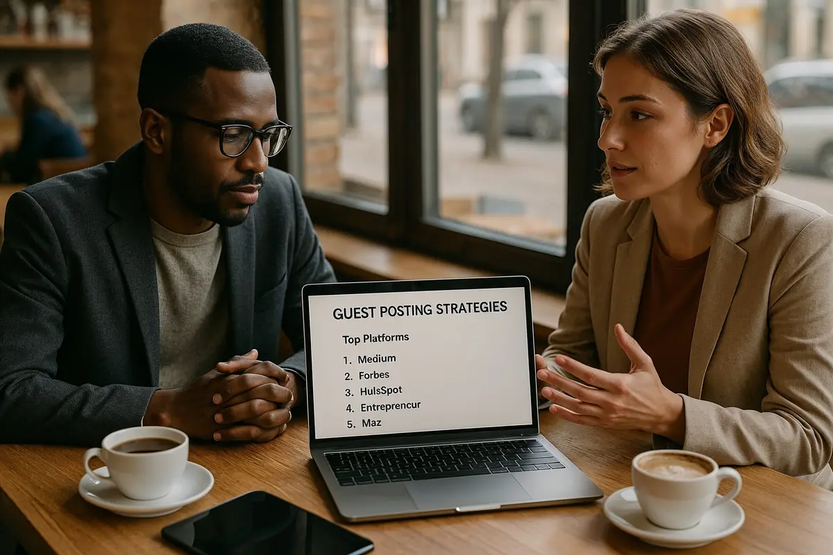 professionals discussing guest posting for backlinks in 2025 in a cafe setting
